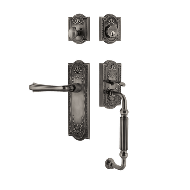 Nostalgic 770390: Entry Lockset w/Meadows Backplate, F-Grip Exterior Handle and Fleur Interior Lever - Antique Pewter