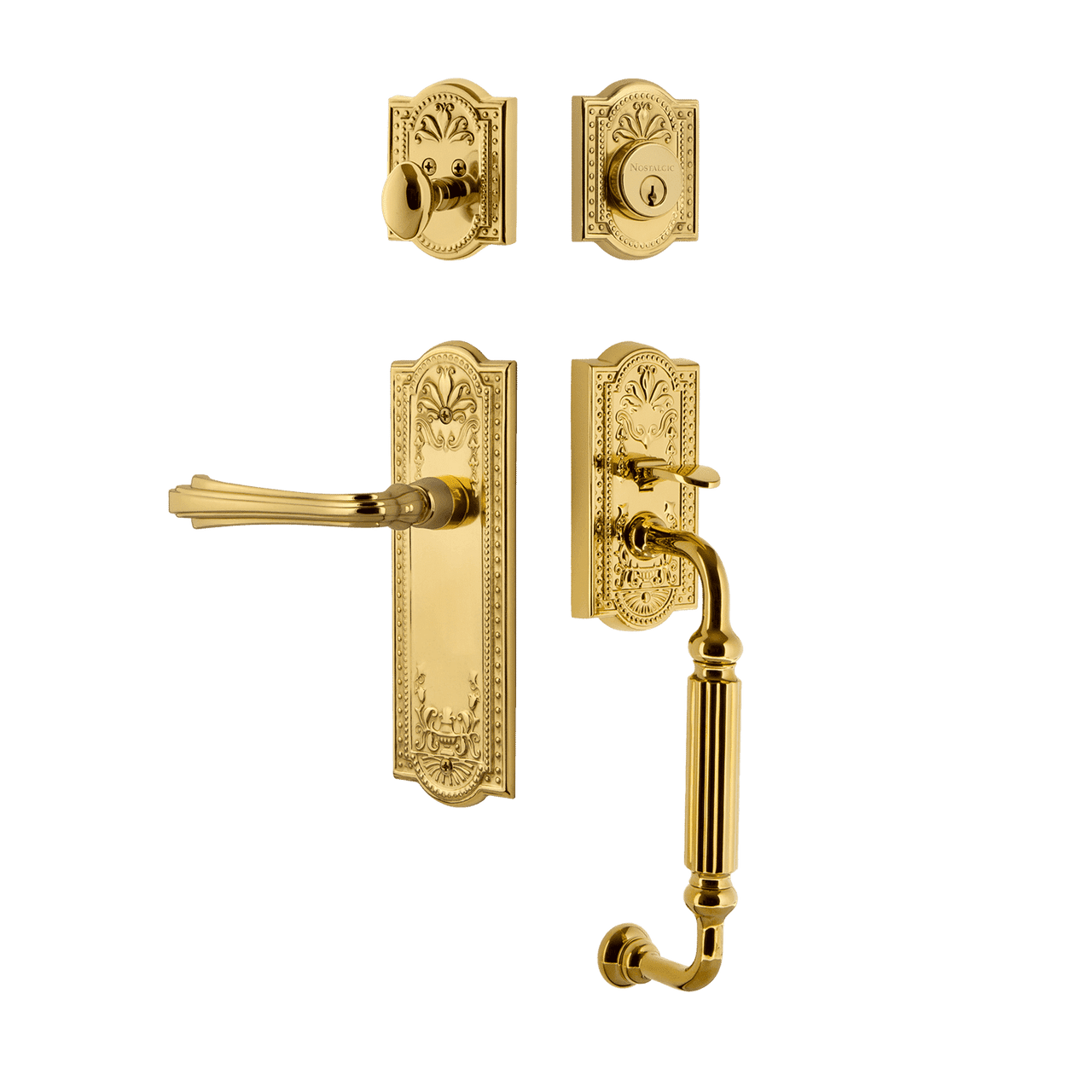 Nostalgic 770395: Entry Lockset w/Meadows Backplate, F-Grip Exterior Handle and Fleur Interior Lever - Polished Brass