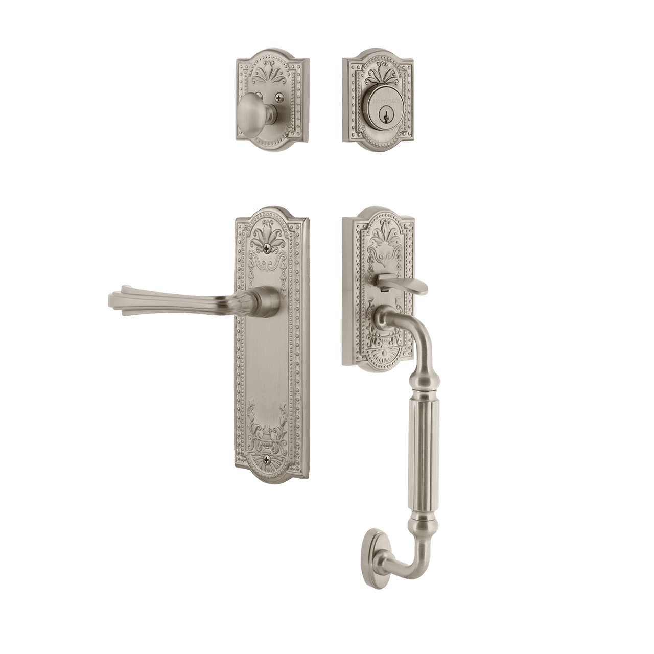 Nostalgic 770365: Entry Lockset w/Meadows Backplate, F-Grip Exterior Handle and Fleur Interior Lever - Satin Nickel