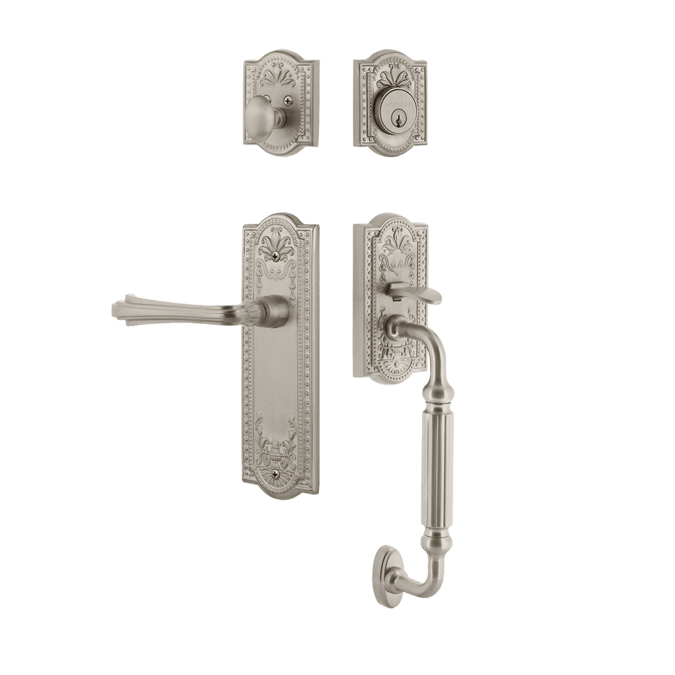 Nostalgic 770365: Entry Lockset w/Meadows Backplate, F-Grip Exterior Handle and Fleur Interior Lever - Satin Nickel