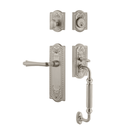 Nostalgic 768903: Entry Lockset w/Meadows Backplate, F-Grip Exterior Handle and Fleur Interior Lever - Satin Nickel