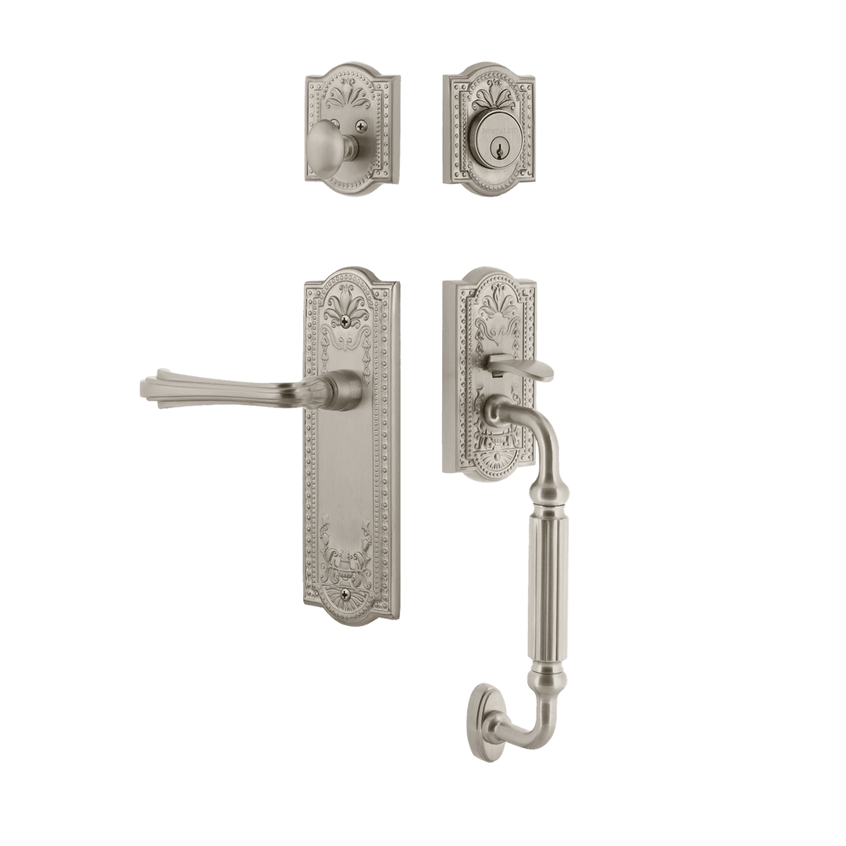 Nostalgic 770396: Entry Lockset w/Meadows Backplate, F-Grip Exterior Handle and Fleur Interior Lever - Satin Nickel