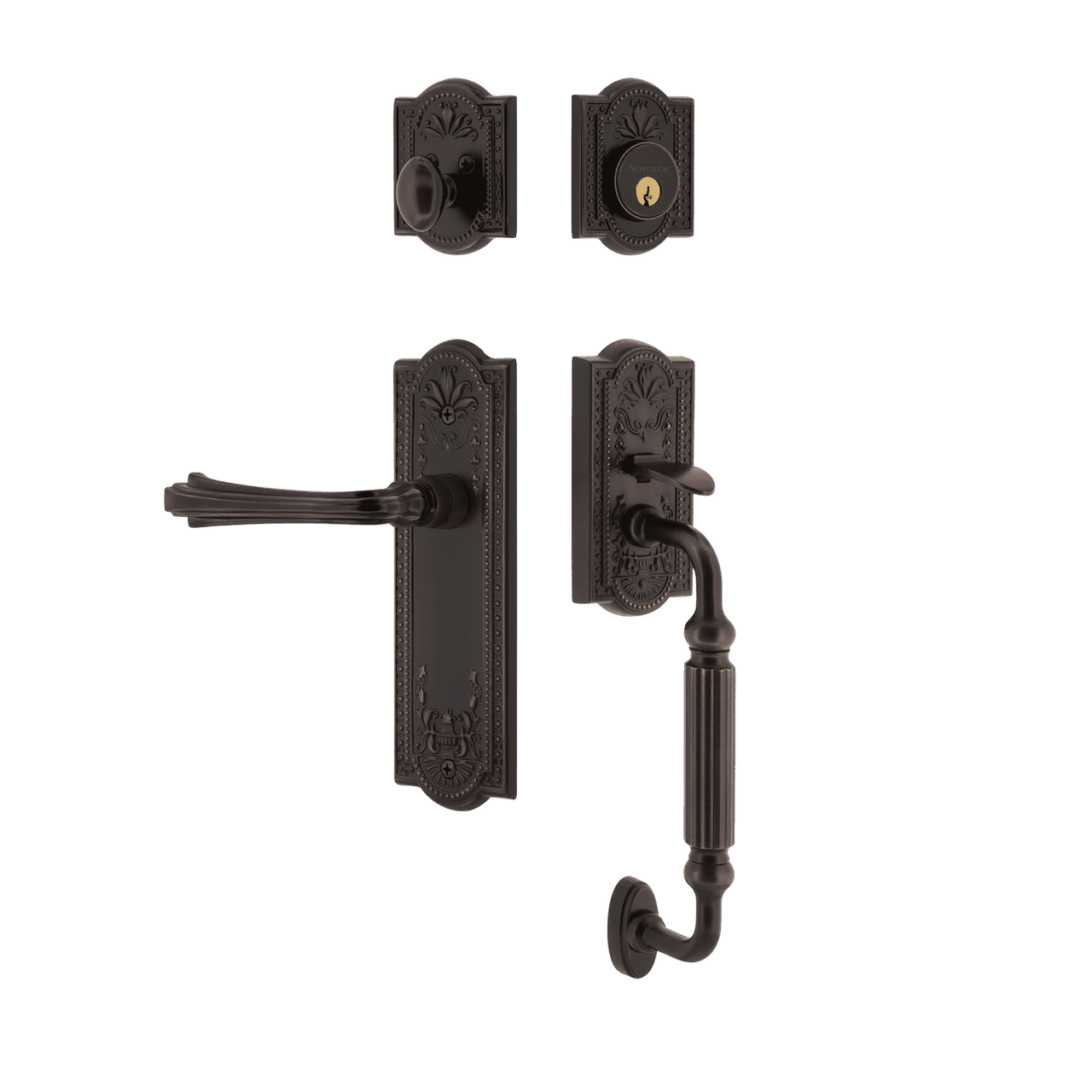 Nostalgic 768909: Entry Lockset w/Meadows Backplate, F-Grip Exterior Handle and Fleur Interior Lever - Timeless Bronze