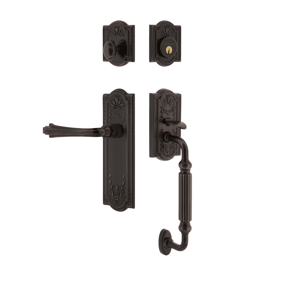 Nostalgic 770393: Entry Lockset w/Meadows Backplate, F-Grip Exterior Handle and Fleur Interior Lever - Timeless Bronze