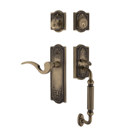 Nostalgic 767511: Entry Lockset w/Meadows Backplate, F-Grip Exterior Handle and Manor Interior Lever - Antique Brass