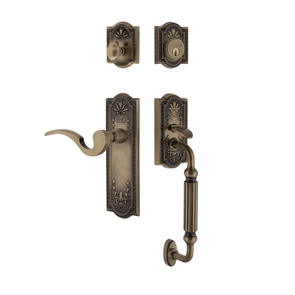 Nostalgic 770466: Entry Lockset w/Meadows Backplate, F-Grip Exterior Handle and Manor Interior Lever - Antique Brass