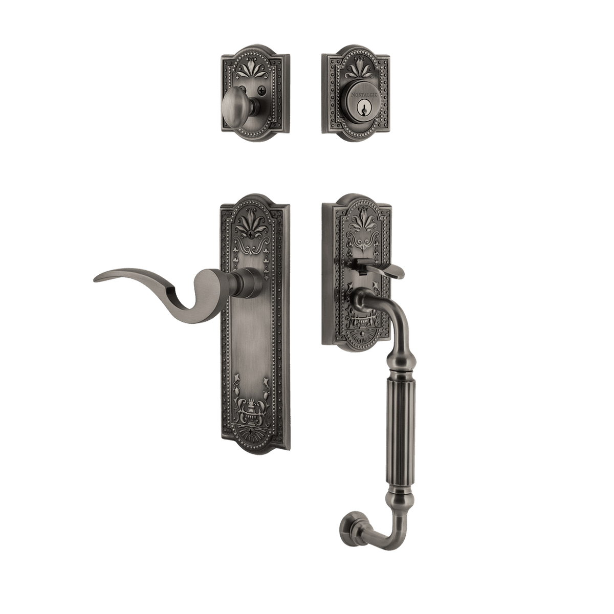 Nostalgic 770462: Entry Lockset w/Meadows Backplate, F-Grip Exterior Handle and Manor Interior Lever - Antique Pewter