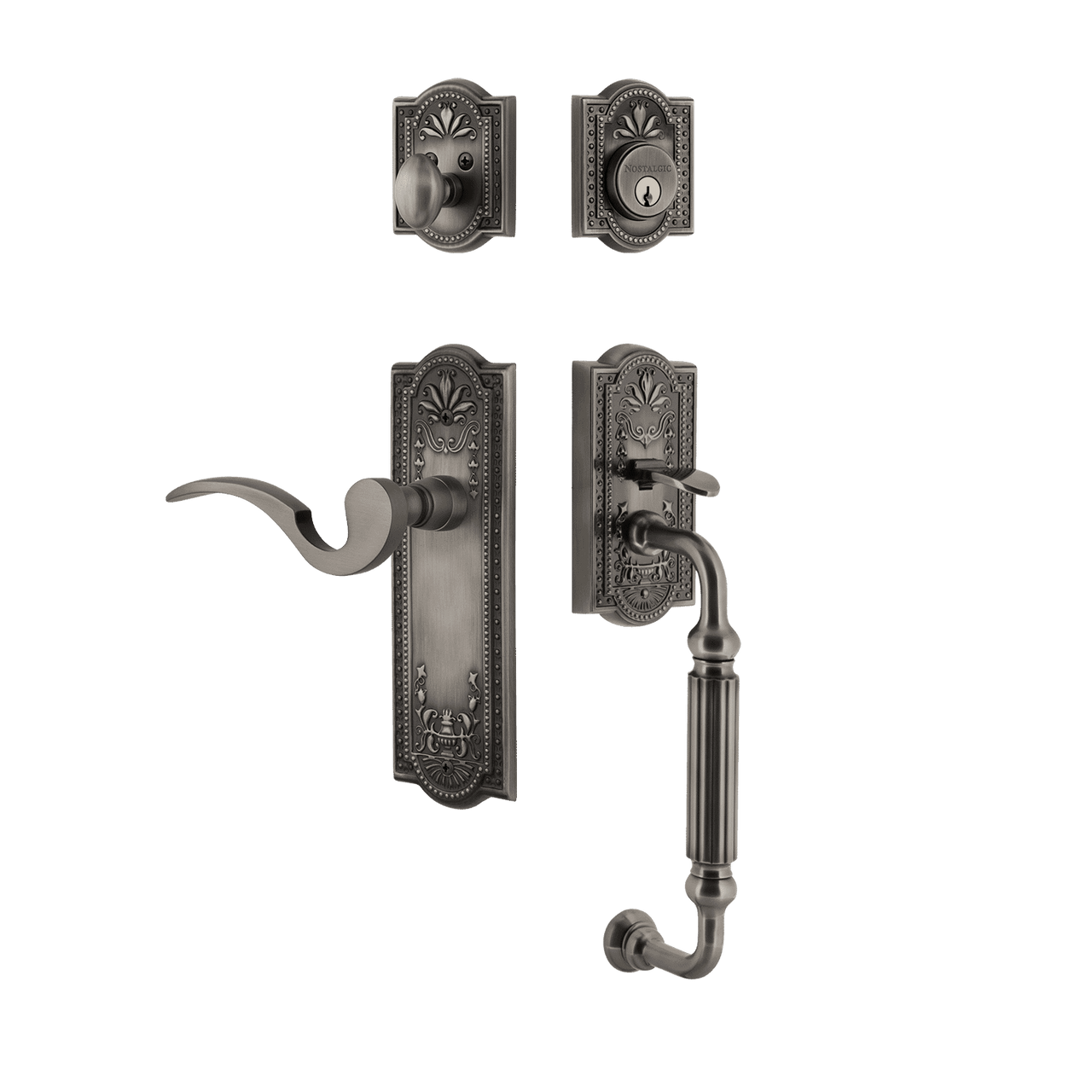 Nostalgic 770462: Entry Lockset w/Meadows Backplate, F-Grip Exterior Handle and Manor Interior Lever - Antique Pewter