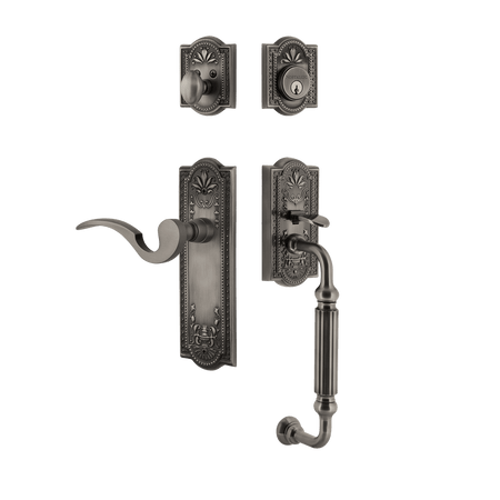 Nostalgic 770462: Entry Lockset w/Meadows Backplate, F-Grip Exterior Handle and Manor Interior Lever - Antique Pewter