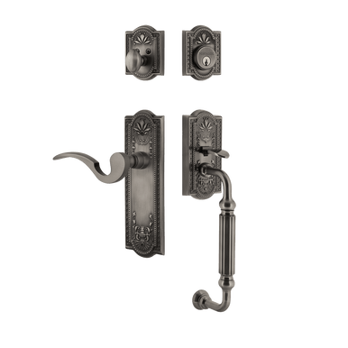 Nostalgic 770470: Entry Lockset w/Meadows Backplate, F-Grip Exterior Handle and Manor Interior Lever - Antique Pewter