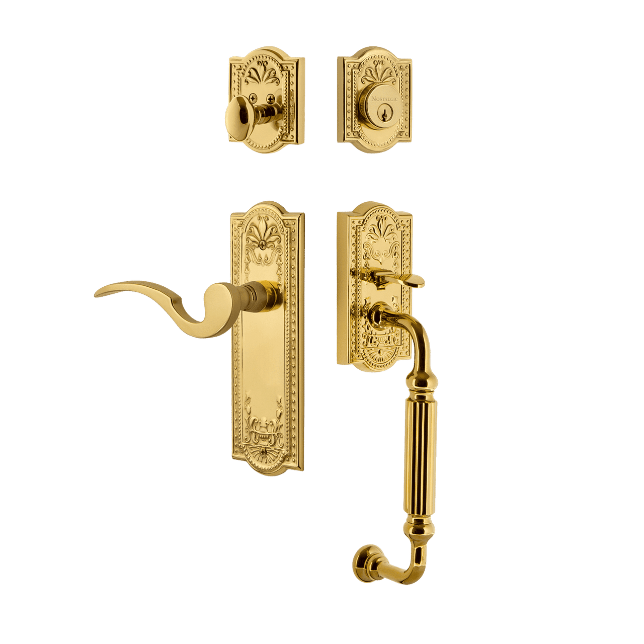Nostalgic 767507: Entry Lockset w/Meadows Backplate, F-Grip Exterior Handle and Manor Interior Lever - Polished Brass
