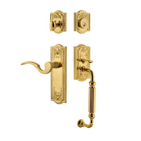 Nostalgic 767507: Entry Lockset w/Meadows Backplate, F-Grip Exterior Handle and Manor Interior Lever - Polished Brass