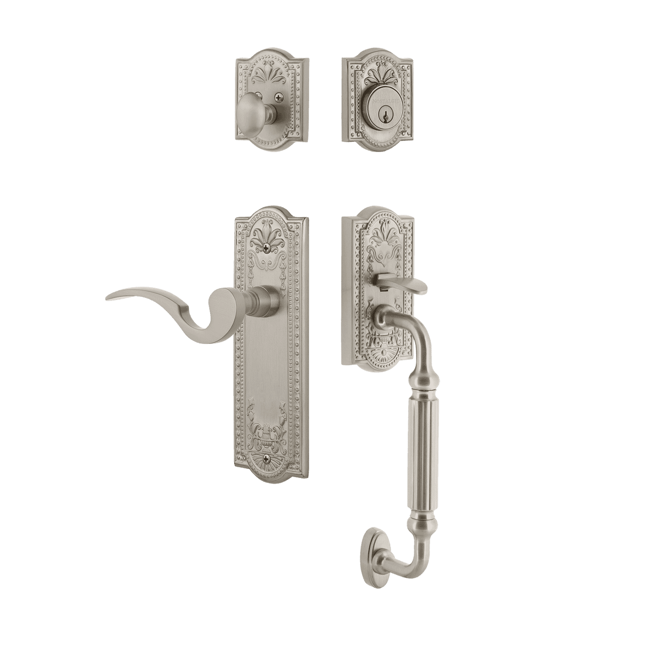 Nostalgic 770469: Entry Lockset w/Meadows Backplate, F-Grip Exterior Handle and Manor Interior Lever - Satin Nickel