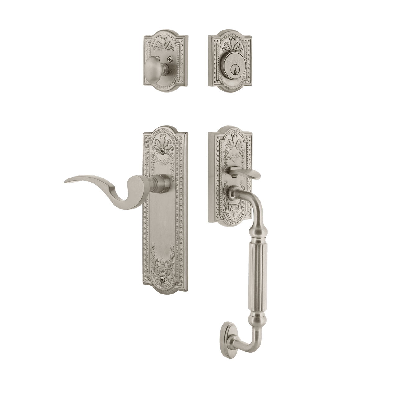 Nostalgic 770441: Entry Lockset w/Meadows Backplate, F-Grip Exterior Handle and Manor Interior Lever - Satin Nickel