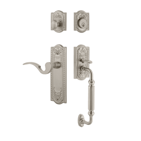 Nostalgic 767509: Entry Lockset w/Meadows Backplate, F-Grip Exterior Handle and Manor Interior Lever - Satin Nickel