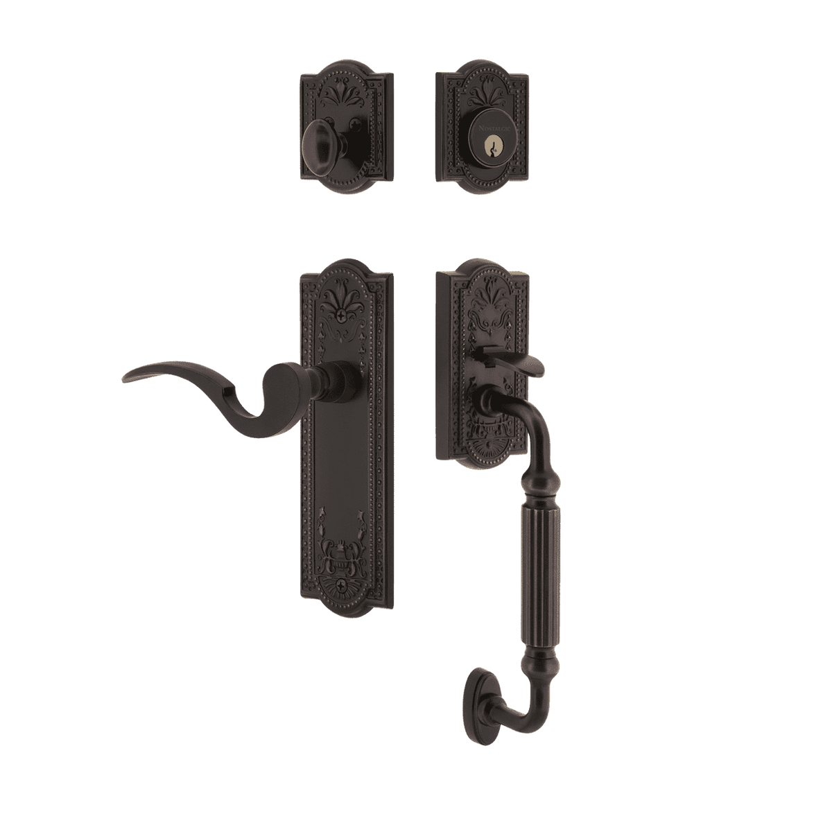 Nostalgic 770446: Entry Lockset w/Meadows Backplate, F-Grip Exterior Handle and Manor Interior Lever - Timeless Bronze
