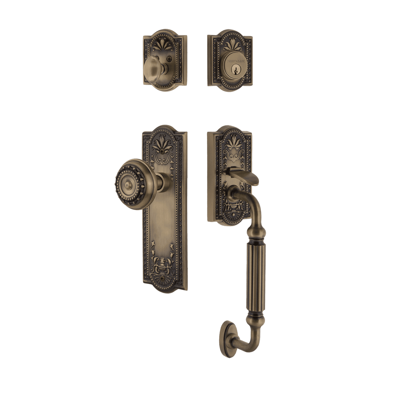 Nostalgic 719439: Entry Lockset w/Meadows Backplate, F-Grip Exterior Handle and Meadows Knob - Antique Brass