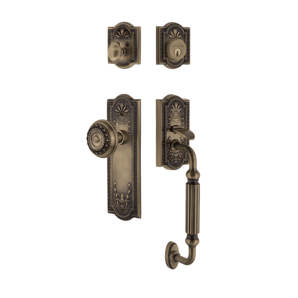 Nostalgic 727679: Entry Lockset w/Meadows Backplate, F-Grip Exterior Handle and Meadows Knob - Antique Brass