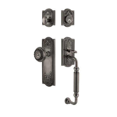 Nostalgic 727686: Entry Lockset w/Meadows Backplate, F-Grip Exterior Handle and Meadows Knob - Antique Pewter