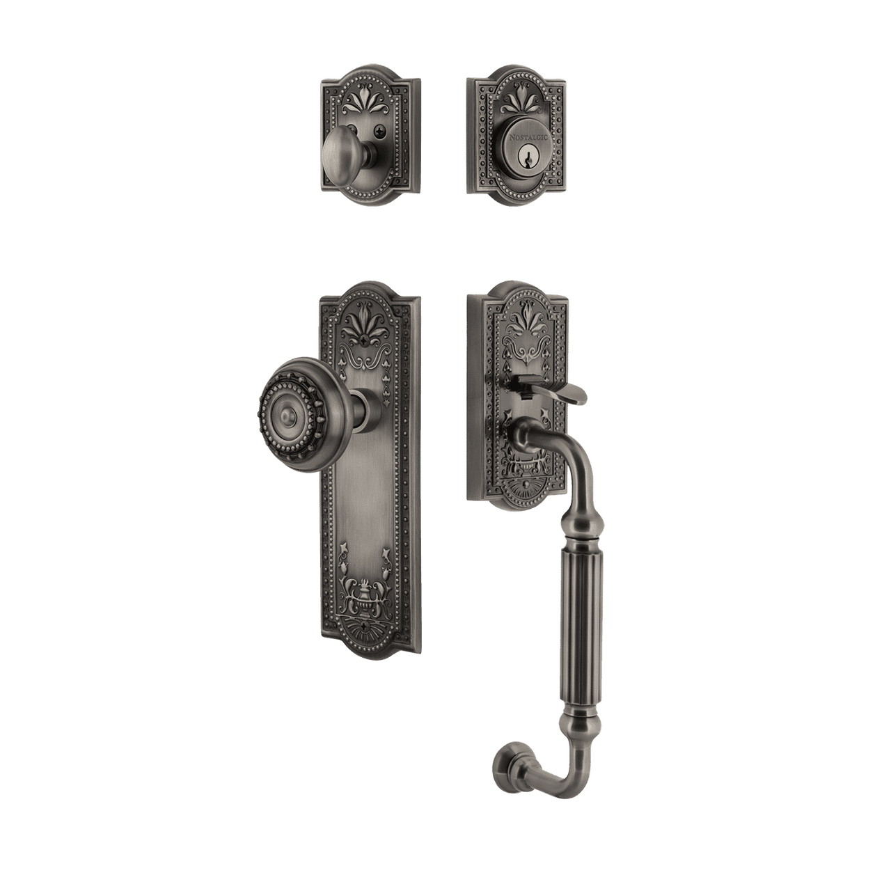 Nostalgic 719456: Entry Lockset w/Meadows Backplate, F-Grip Exterior Handle and Meadows Knob - Antique Pewter