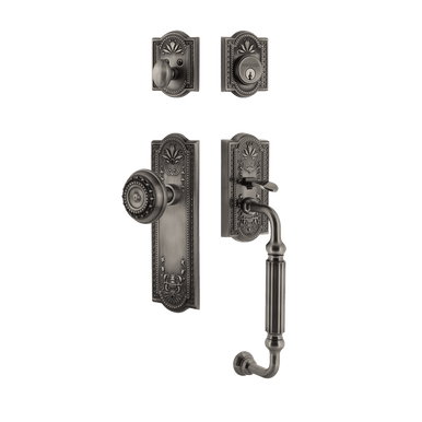 Nostalgic 727655: Entry Lockset w/Meadows Backplate, F-Grip Exterior Handle and Meadows Knob - Antique Pewter