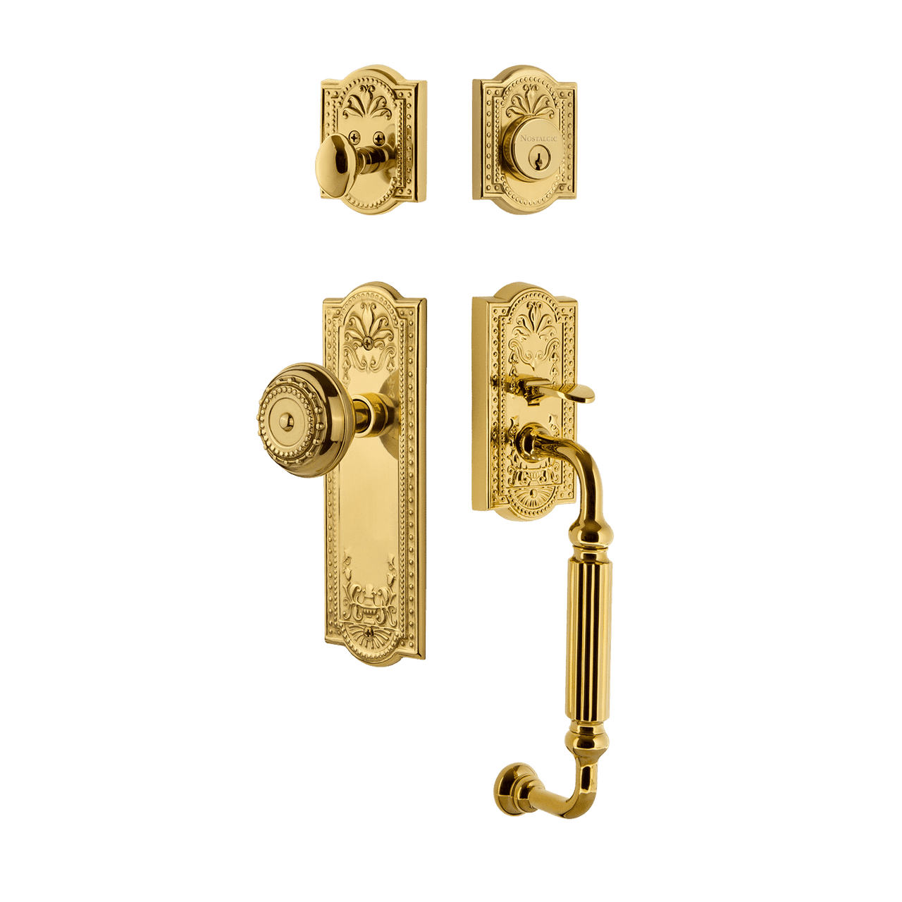 Nostalgic 727926: Entry Lockset w/Meadows Backplate, F-Grip Exterior Handle and Meadows Knob - Polished Brass