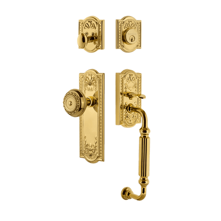 Nostalgic 727926: Entry Lockset w/Meadows Backplate, F-Grip Exterior Handle and Meadows Knob - Polished Brass