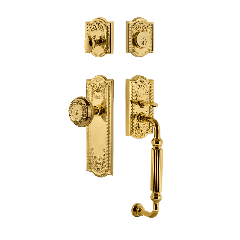 Nostalgic 727926: Entry Lockset w/Meadows Backplate, F-Grip Exterior Handle and Meadows Knob - Polished Brass