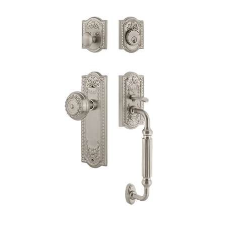 Nostalgic 727639: Entry Lockset w/Meadows Backplate, F-Grip Exterior Handle and Meadows Knob - Satin Nickel
