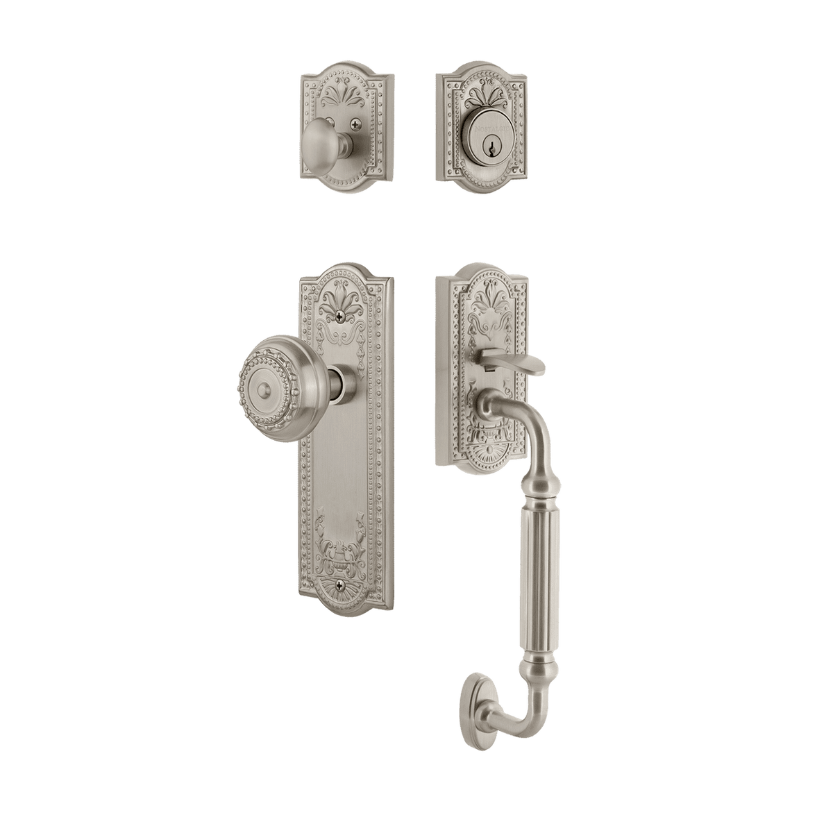 Nostalgic 727793: Entry Lockset w/Meadows Backplate, F-Grip Exterior Handle and Meadows Knob - Satin Nickel