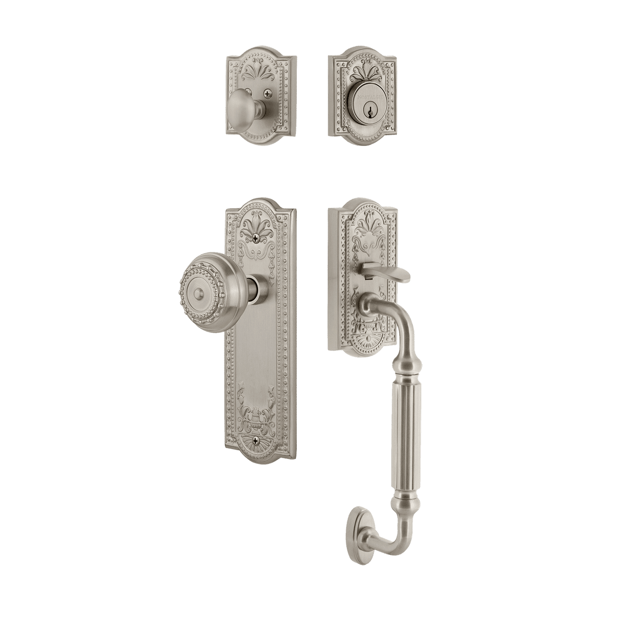 Nostalgic 727793: Entry Lockset w/Meadows Backplate, F-Grip Exterior Handle and Meadows Knob - Satin Nickel