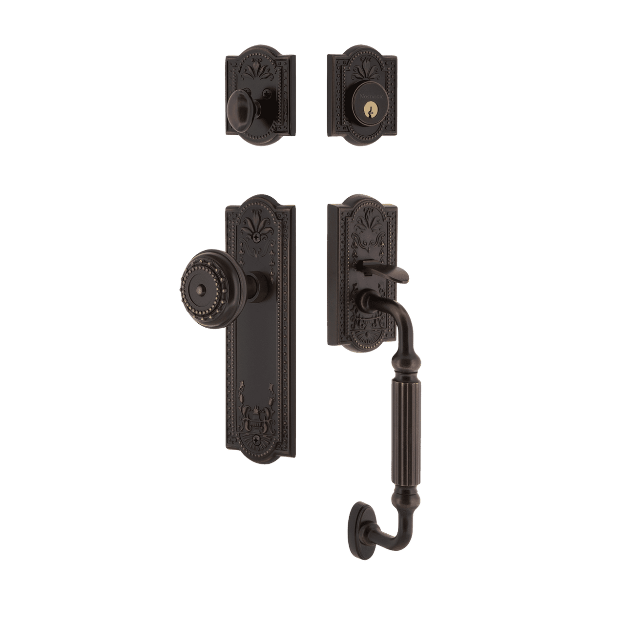 Nostalgic 719388: Entry Lockset w/Meadows Backplate, F-Grip Exterior Handle and Meadows Knob - Timeless Bronze