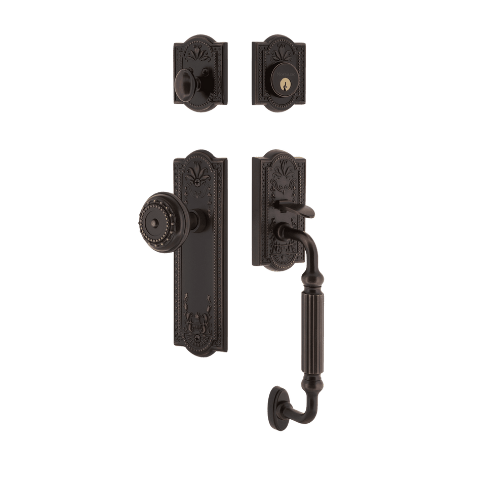 Nostalgic 727728: Entry Lockset w/Meadows Backplate, F-Grip Exterior Handle and Meadows Knob - Timeless Bronze