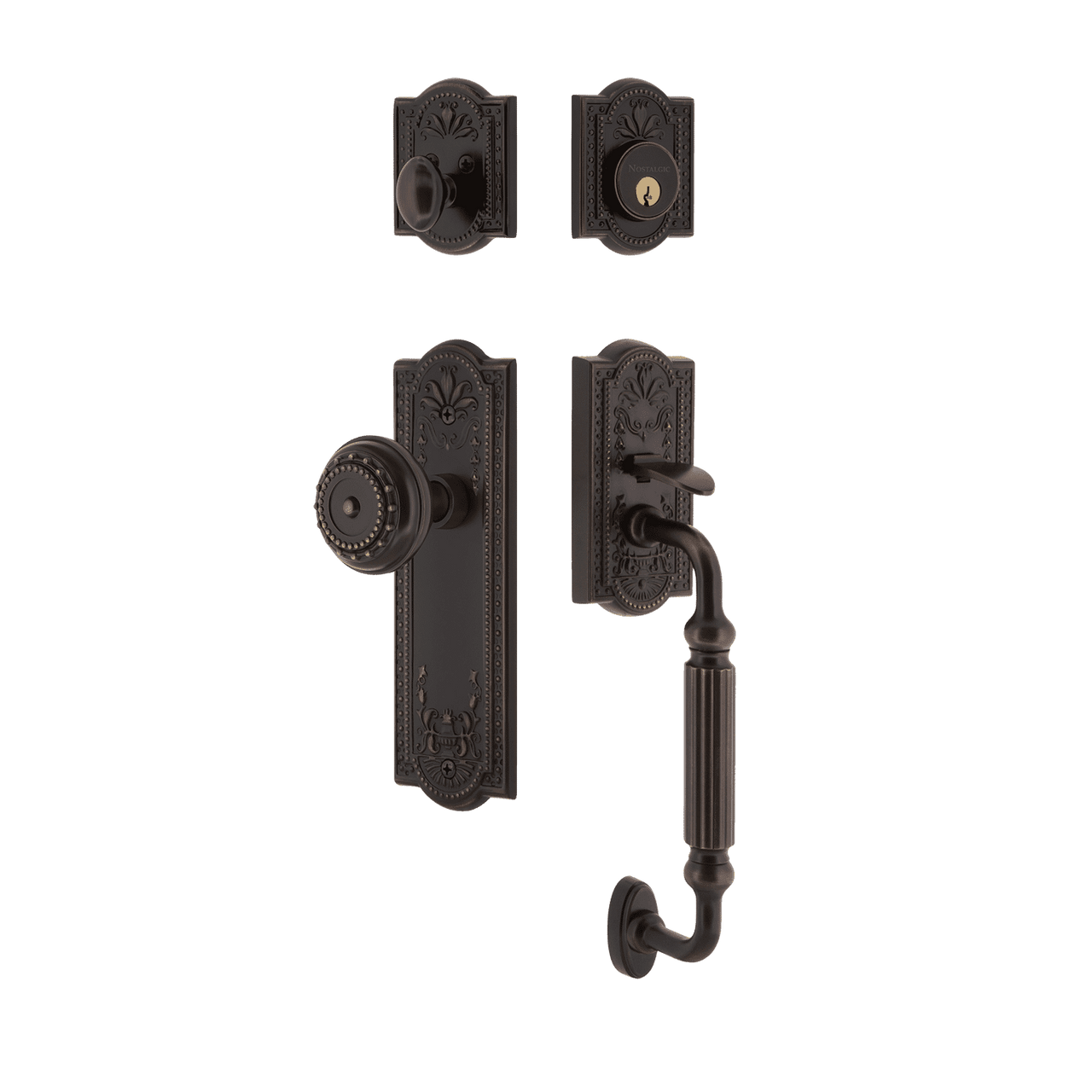 Nostalgic 727724: Entry Lockset w/Meadows Backplate, F-Grip Exterior Handle and Meadows Knob - Timeless Bronze