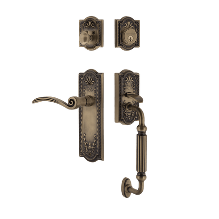 Nostalgic 768208: Entry Lockset w/Meadows Backplate, F-Grip Exterior Handle and Swan Interior Lever - Antique Brass