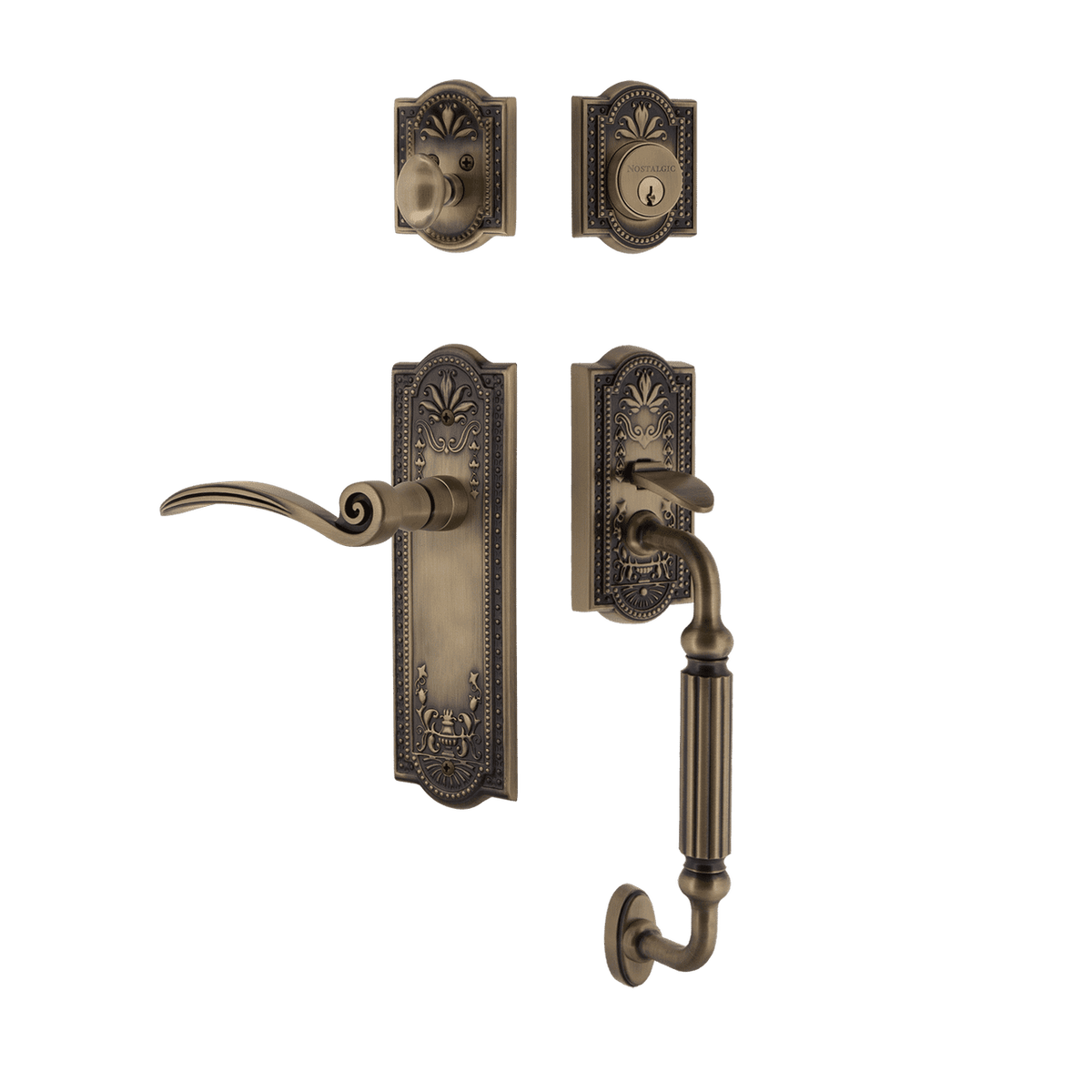Nostalgic 770528: Entry Lockset w/Meadows Backplate, F-Grip Exterior Handle and Swan Interior Lever - Antique Brass