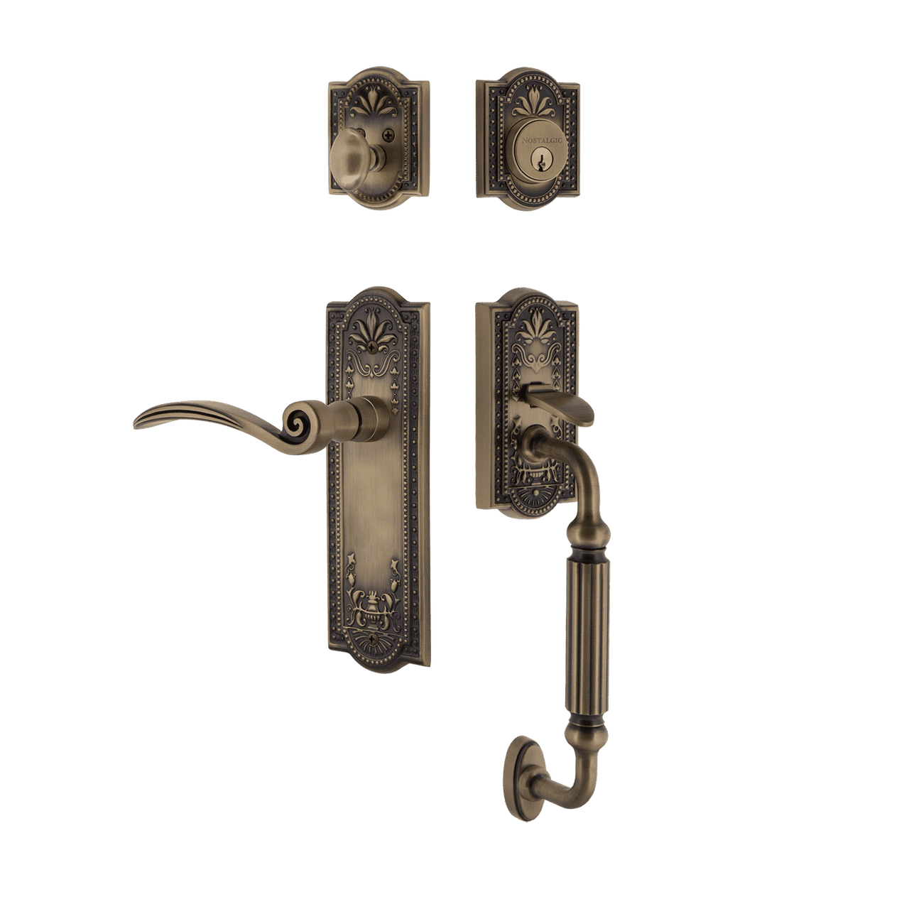 Nostalgic 770528: Entry Lockset w/Meadows Backplate, F-Grip Exterior Handle and Swan Interior Lever - Antique Brass