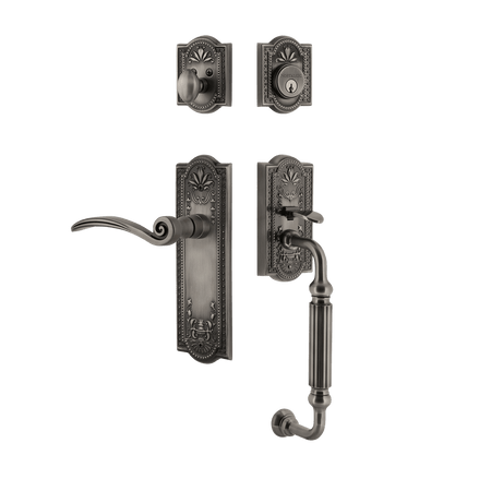 Nostalgic 770525: Entry Lockset w/Meadows Backplate, F-Grip Exterior Handle and Swan Interior Lever - Antique Pewter