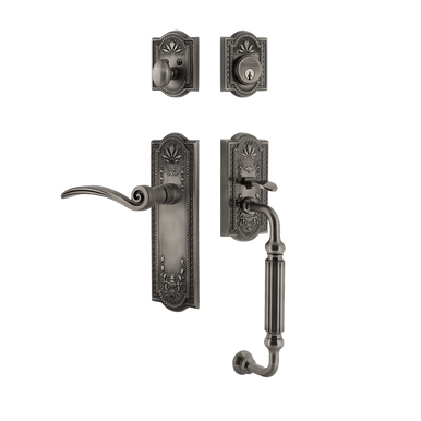 Nostalgic 768203: Entry Lockset w/Meadows Backplate, F-Grip Exterior Handle and Swan Interior Lever - Antique Pewter