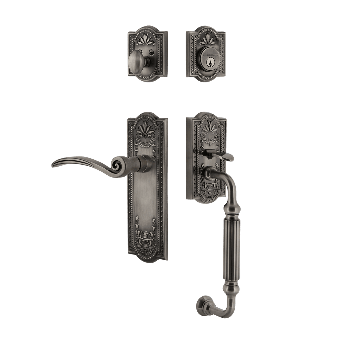 Nostalgic 770535: Entry Lockset w/Meadows Backplate, F-Grip Exterior Handle and Swan Interior Lever - Antique Pewter