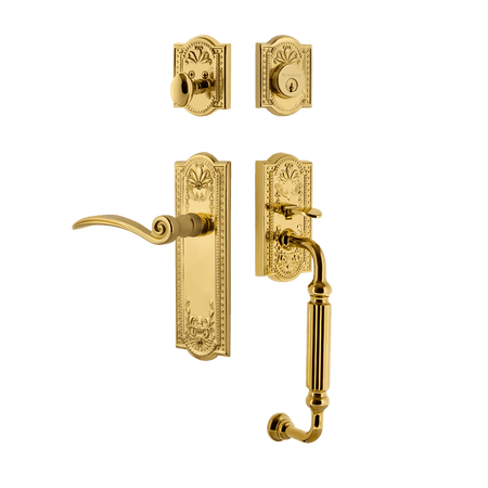 Nostalgic 770529: Entry Lockset w/Meadows Backplate, F-Grip Exterior Handle and Swan Interior Lever - Polished Brass