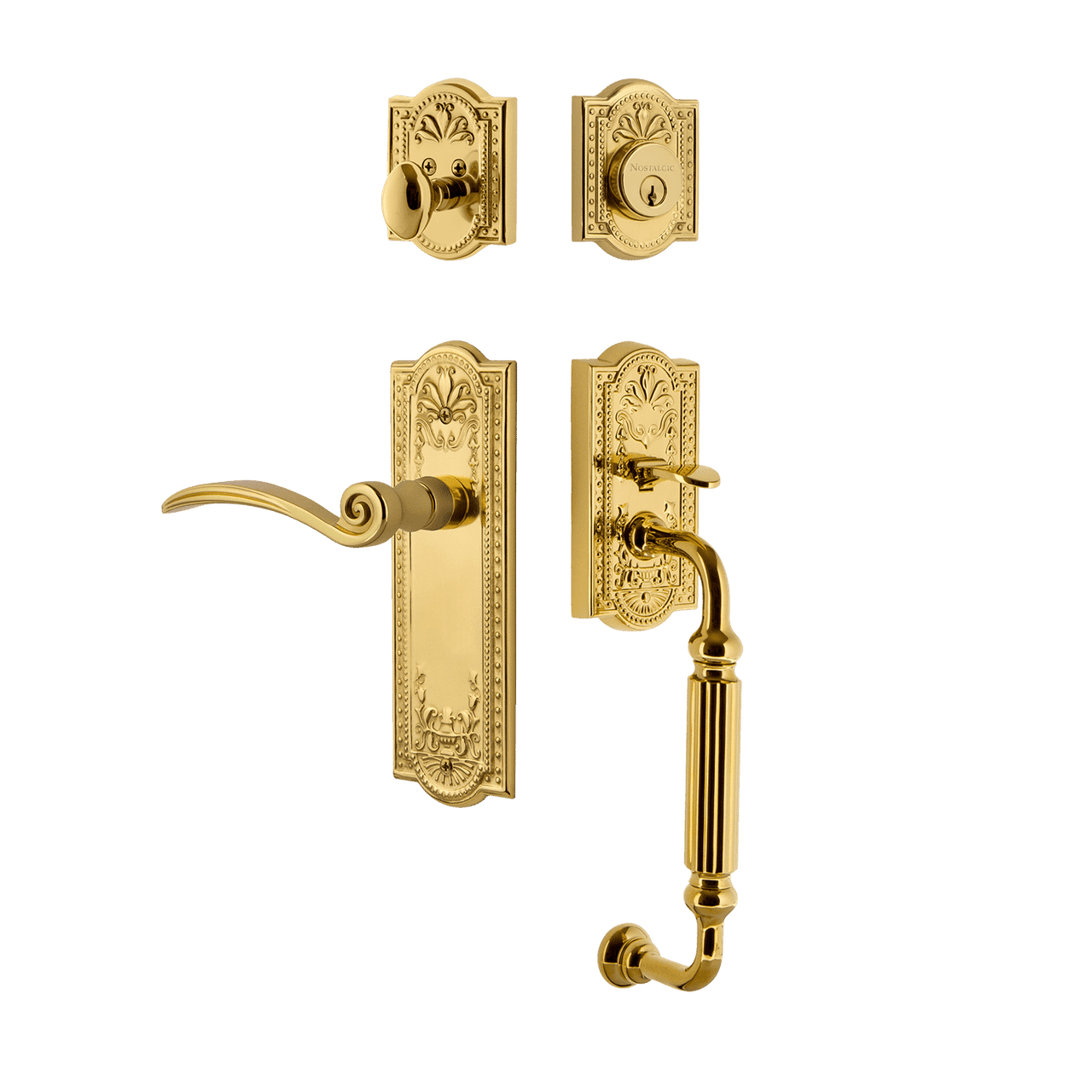 Nostalgic 770563: Entry Lockset w/Meadows Backplate, F-Grip Exterior Handle and Swan Interior Lever - Polished Brass