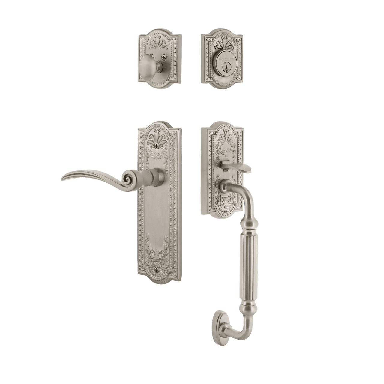 Nostalgic 770562: Entry Lockset w/Meadows Backplate, F-Grip Exterior Handle and Swan Interior Lever - Satin Nickel