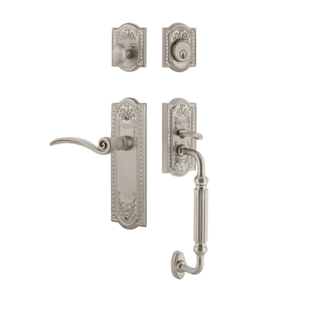 Nostalgic 768206: Entry Lockset w/Meadows Backplate, F-Grip Exterior Handle and Swan Interior Lever - Satin Nickel