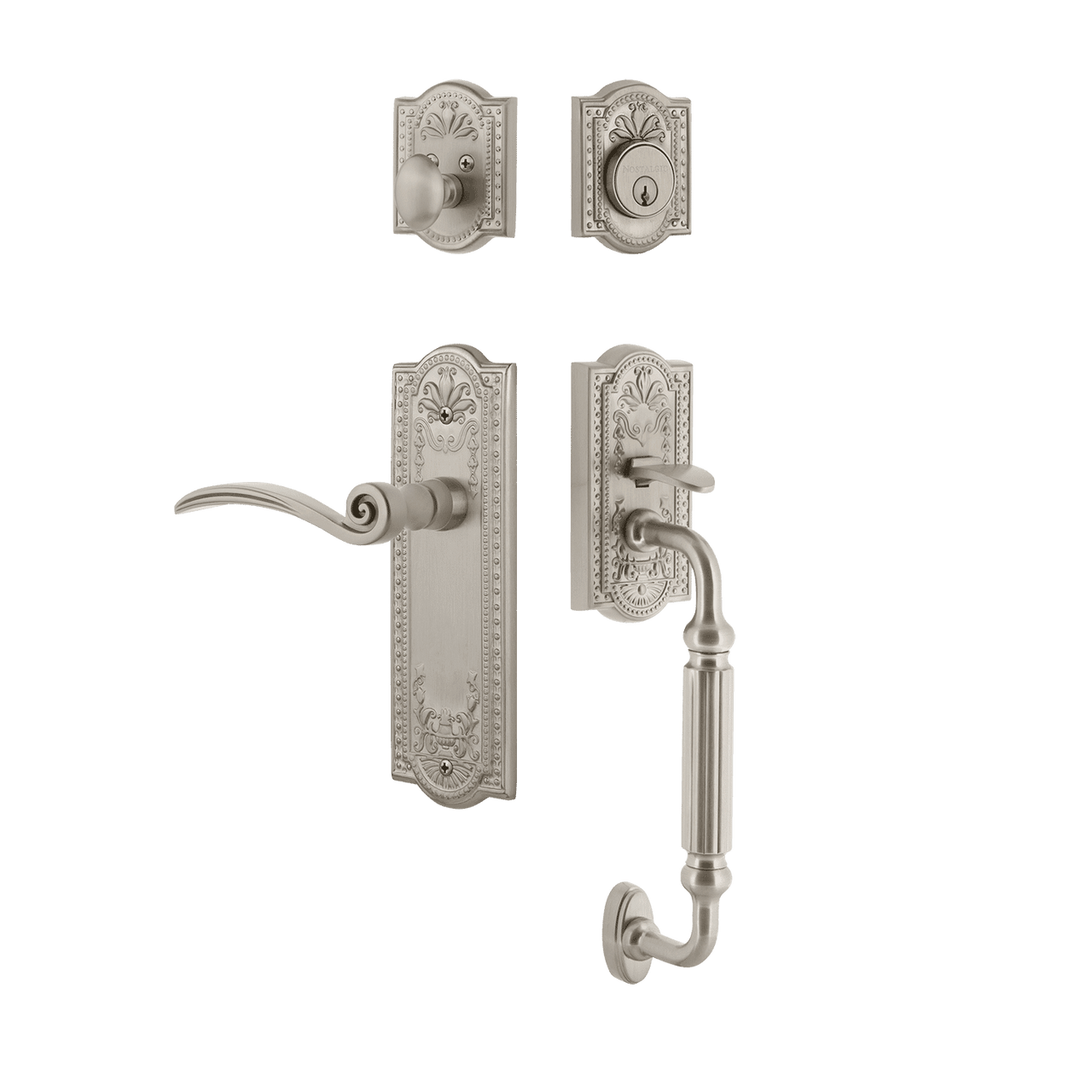 Nostalgic 768211: Entry Lockset w/Meadows Backplate, F-Grip Exterior Handle and Swan Interior Lever - Satin Nickel