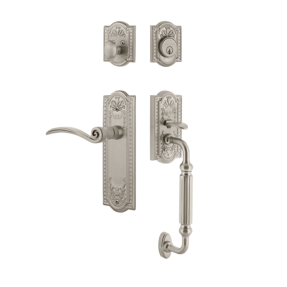 Nostalgic 770530: Entry Lockset w/Meadows Backplate, F-Grip Exterior Handle and Swan Interior Lever - Satin Nickel
