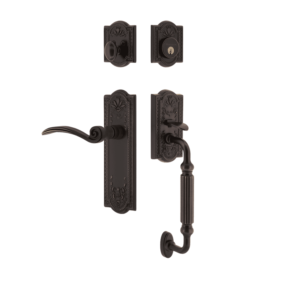 Nostalgic 768212: Entry Lockset w/Meadows Backplate, F-Grip Exterior Handle and Swan Interior Lever - Timeless Bronze