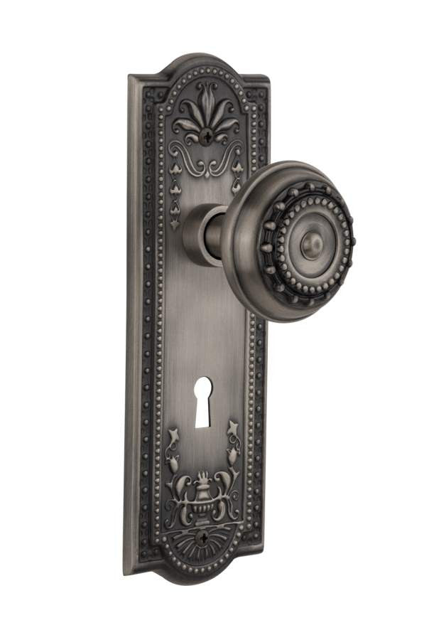 Nostalgic 704296: Meadows Backplate w/Meadows Knob Privacy Door Set - Antique Pewter