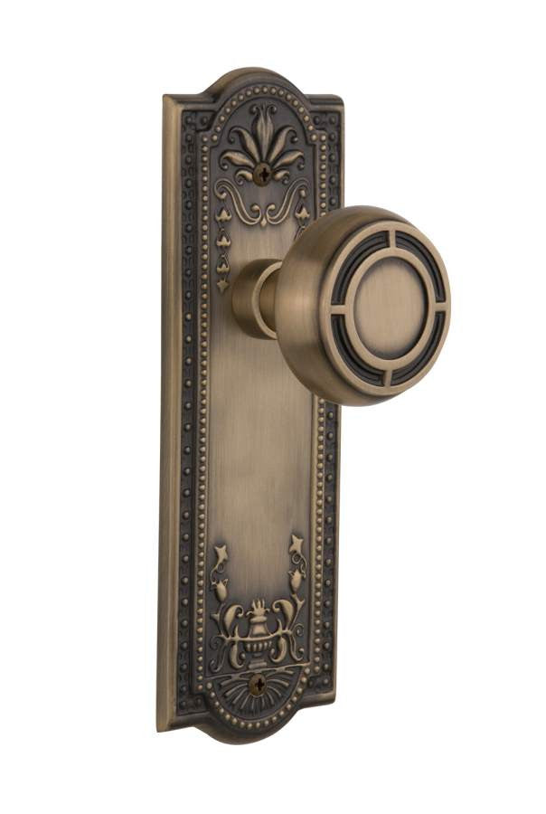 Nostalgic 716610: Meadows Backplate w/Mission Knob Passage Door Set - Antique Brass