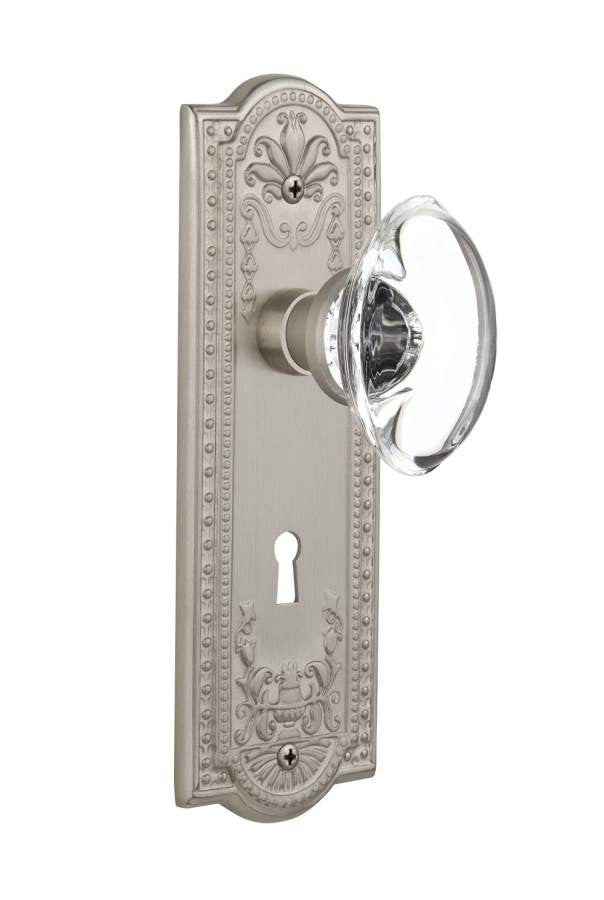 Nostalgic 711681: Meadows Backplate w/Oval Clear Glass Crystal Knob Privacy Door Set - Satin Nickel